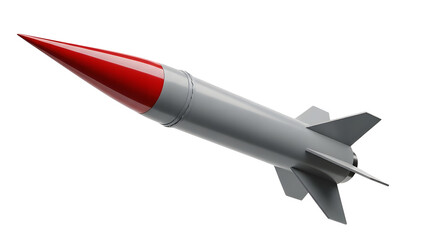 Isolated missile rocket with red nose on white background for military defense and space exploration on transparent background