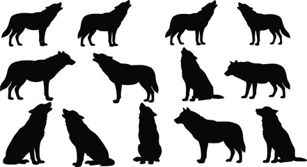 Black silhouette collection of majestic wolves in various poses, including howling and standing, ideal for wildlife and nature-themed designs.
