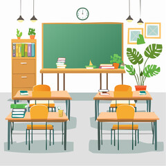 Fototapeta premium Modern classroom interior with furniture and blackboard. Flat colorful vector illustration