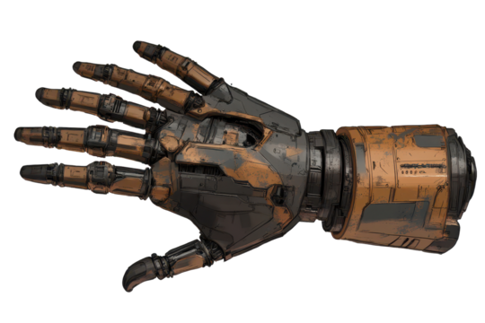 Robot hand making a gesture with intricate design features and mechanical details isolated from its background on a transparent surface