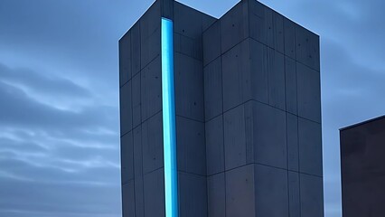 Obraz premium A sleek concrete high-rise with a vivid blue light strip glows against a moody blue-gray sky, blending brutalist form with futuristic elegance.
