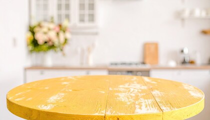 A round yellow wooden table stands in focus against a blurred background of a white kitchen.
