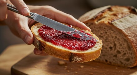 A Delightful Morning Ritual, Spreading Raspberry Jam on Freshly Baked Bread