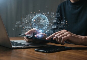 Global Business Analytics:  Man Using Tablet with Holographic Data Visualization and World Map.