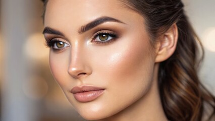 Obraz premium Close-up portrait of a woman with striking features, glowy skin, and a soft hairstyle, set against a blurred background.