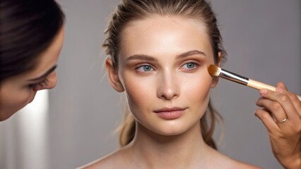Obraz premium A makeup artist applies foundation to a model’s face, highlighting beauty and artistry in a professional setting.