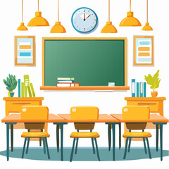 Modern classroom interior with furniture and blackboard. Flat colorful vector illustration