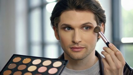 A man applies makeup while holding a palette of eyeshadow in a well-lit setting.