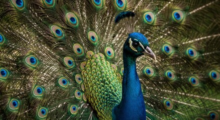 Captivating close-up of a vibrant peacock displaying its iridescent plumage and intricate feather patterns in a stunning natural pose