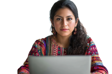 Central American woman focused on laptop while wearing traditional colorful attire in a bright indoor setting