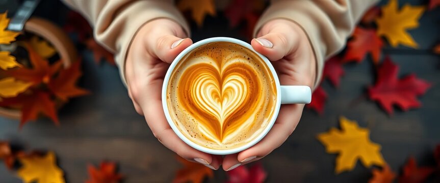 Autumn cafe, hands holding a heart-shaped coffee foam, comfort, october - Powered by Adobe