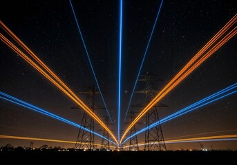 Night sky, power lines, vibrant light trails, futuristic energy, abstract, technology concept.