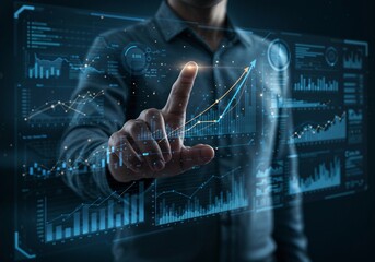 Businessman Analyzing Futuristic Data Dashboard Showing Growth Trends and Financial Statistics.