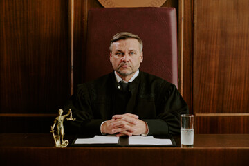 Portrait of middle aged Caucasian man sitting at judge bench wearing judicial robe, hands clasped on desk with legal documents, justice statue and glass of water visible in courtroom