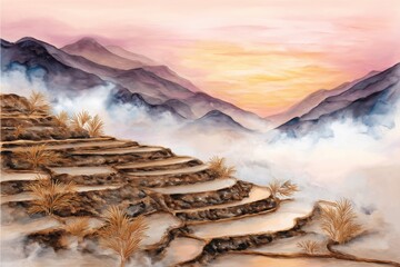 Misty Mountain Rice Terraces at Sunrise