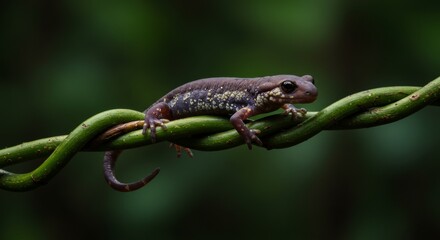 Obraz premium Delicate speckled salamander clinging to a vibrant green vine in nature