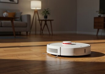Modern White Robot Vacuum Cleaner on Hardwood Floor in Sunlit Living Room