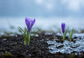 Purple Crocus Flowers Emerging from Melting Snow; Spring Rebirth, Hope, and New Beginnings.