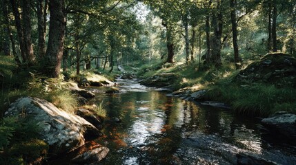 Obraz premium Sunlit forest stream flowing through rocks