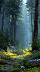 Obraz premium Misty forest path filled with wildflowers