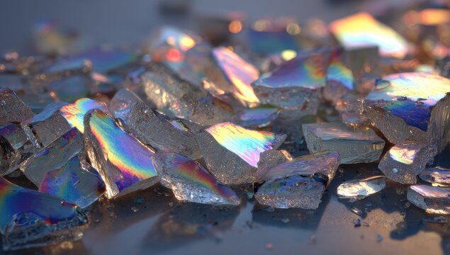 Shattered iridescent glass shards, multicolored