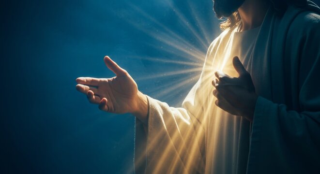 Image of Jesus Christ with outstretched hand and radiant light shining