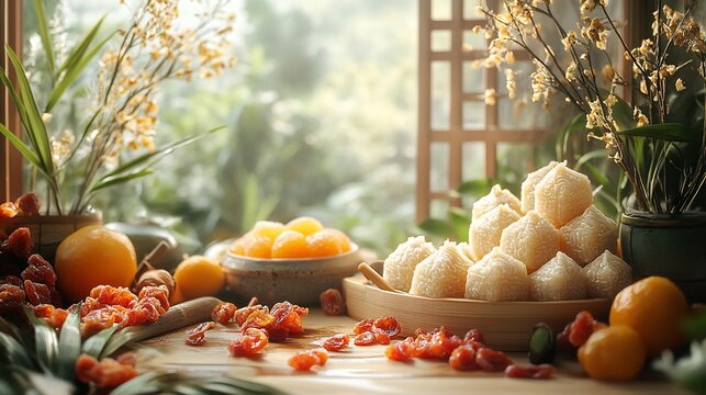 Dragon Boat Festival themed setup with dried fruits zongzi bamboo leaves and dragon boat ornaments celebrating tradition and cultural pride