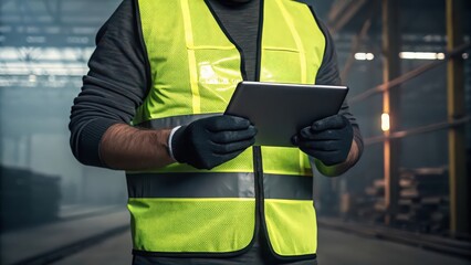 Factory worker using tablet for inspection and safety compliance in manufacturing facility