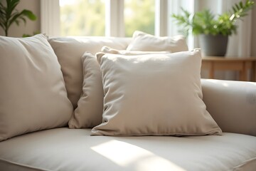 Close-up of soft, beige pillows arranged on a comfortable sofa in a bright, naturally lit living room.