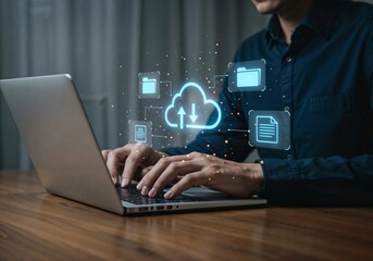Man using laptop, cloud computing, data transfer, digital files, modern technology, professional, serious mood, nighttime setting.