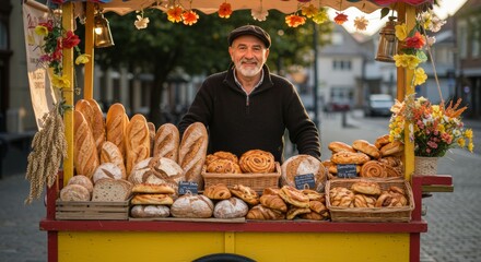 Charming street vendor with fresh bread and pastries for sale at outdoor market