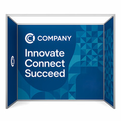 3D rendering of a blue geometric booth for exhibitions and trade shows, with abstract logo, isolated on white. Modern, bold design for branding and marketing visuals.