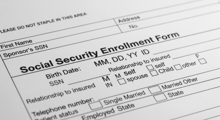 Social Security Enrollment Form Close-Up: Government Application for Benefits and Identification Process