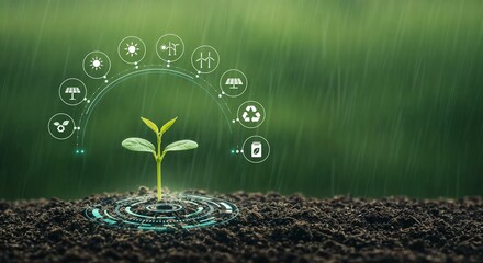 Sustainable Growth:  Young Plant Sprout with Renewable Energy Icons in Rain