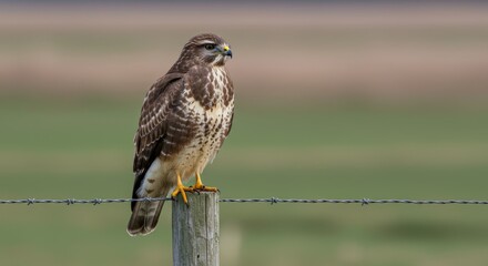 Majestic buzzard perched atop a weathered fence post in rural setting