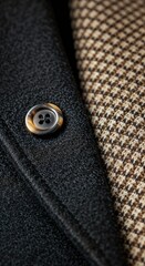 Close-up of dark gray wool coat fabric and brown houndstooth textile; textured detail shot.