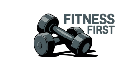 A gray dumbbell with fitness first text on a black background in a cartoon style image on transparent background