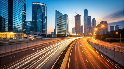 Obraz premium Futuristic city skyline with glowing light trails on busy highway at night
