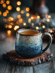 Cozy mug of tea with warm bokeh