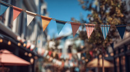 Colorful triangular flags hanging above a street with buildings and trees in the background