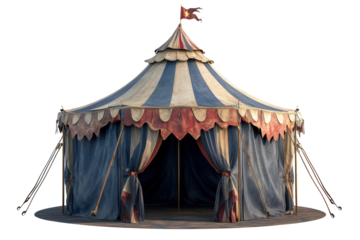 Brightly colored circus tent stands isolated on transparent background, evoking memories of carnival fun and entertainment in a whimsical setting