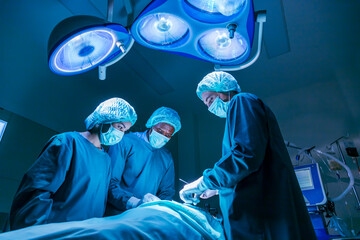Team of surgeon doctors are performing heart surgery operation for patient from organ donor to save...