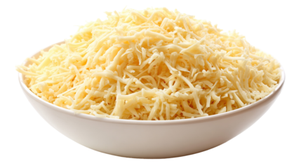 A top down view of a pile of Mexican blend shredded cheese, against a white background.