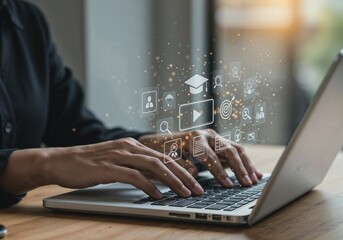 Online Education: Person Typing on Laptop with E-Learning Icons and Graduation Cap.