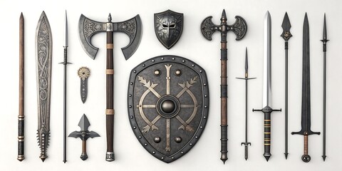 Collection of medieval weapons and shields displayed against a white background