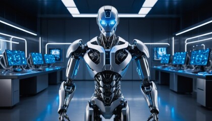 Futuristic silver robot standing in a control room with blue lights
