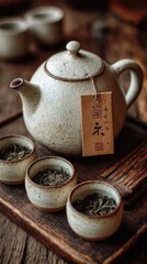 Light gray ceramic tea set on wooden tray