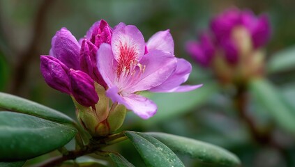 Close-up of a vibrant purple and pink rhododendron flower with buds
