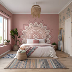Boho-style bedroom with dusty rose walls, hand-painted mandala mural behind the bed, and layered woven rugs.