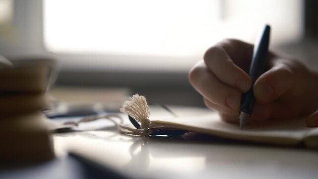 close up hands Teenage smart schoolgirl studying mathematics. home interior cinematic.  Hand written with pen feather sheet of paper  sketchbook and creativity 4k
